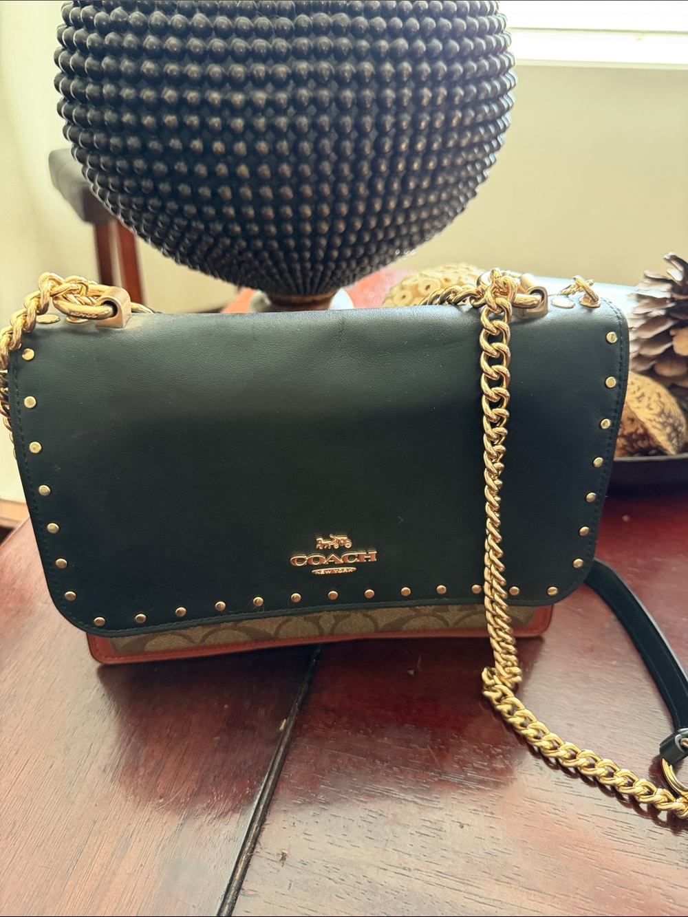 Coach Black Leather & Brown Signature Canvas Crossbody with Gold Chain Strap!!!